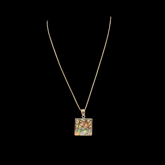 Vtg Abalone Shell Mosaic Square Pendant Sterling Silver Gold Tone Necklace Sea - Picture 12 of 16